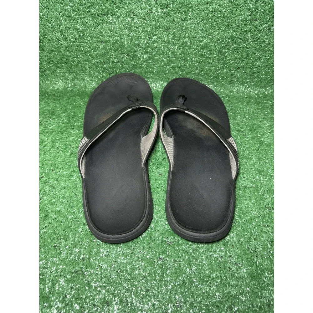 OluKai Tuahine Mens Size 13 Leather Black Beach Flip Flops Sandals Thong Slip On - Picture 6 of 8